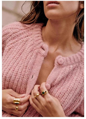 Mottled Pink Ribbed Round Neck Button Up Cardigan Sweater