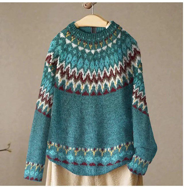Retro Rainbow Contrast Jacquard Knit Round Neck Sweater