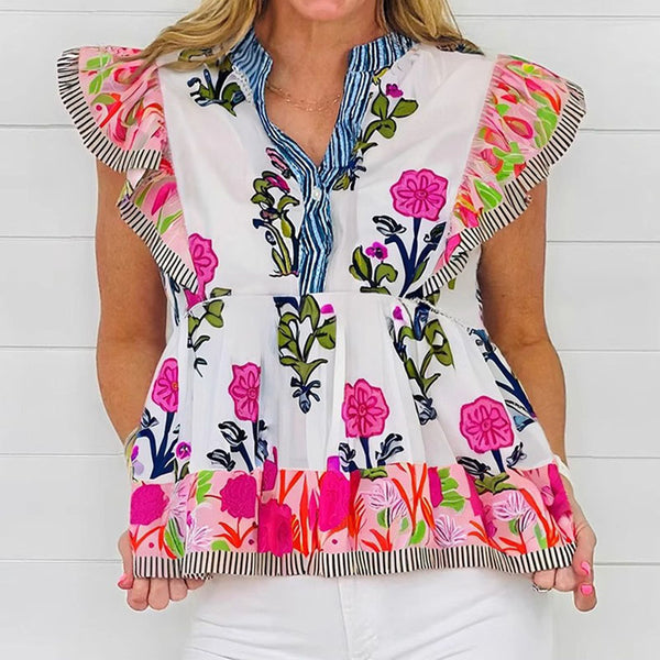 Mixed Block Floral Stripes Ruffle Hem Flutter Sleeve Tassel Top