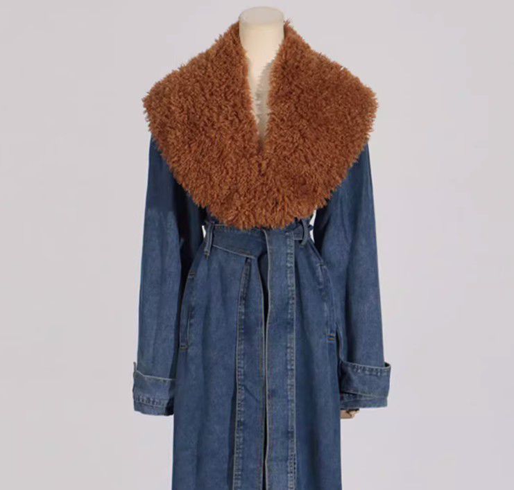 Blue Marine Faded Denim Faux Fur Trench Coat