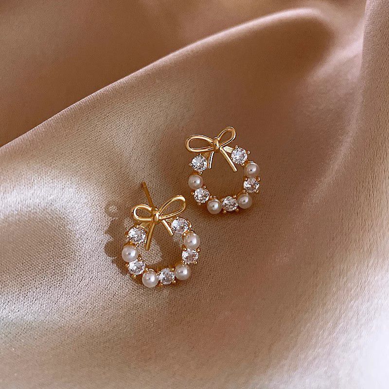 Ribbon Bow Knot Stud Pearl Diamond Earrings Woth Bows