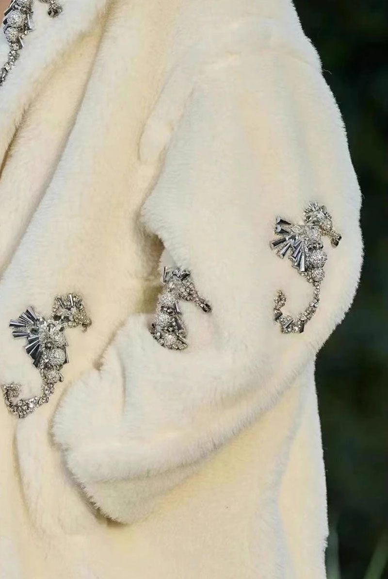 Sparkling Crystals Embroidered Seahorse Long Winter Fur Maxi Teddy Bear Coat