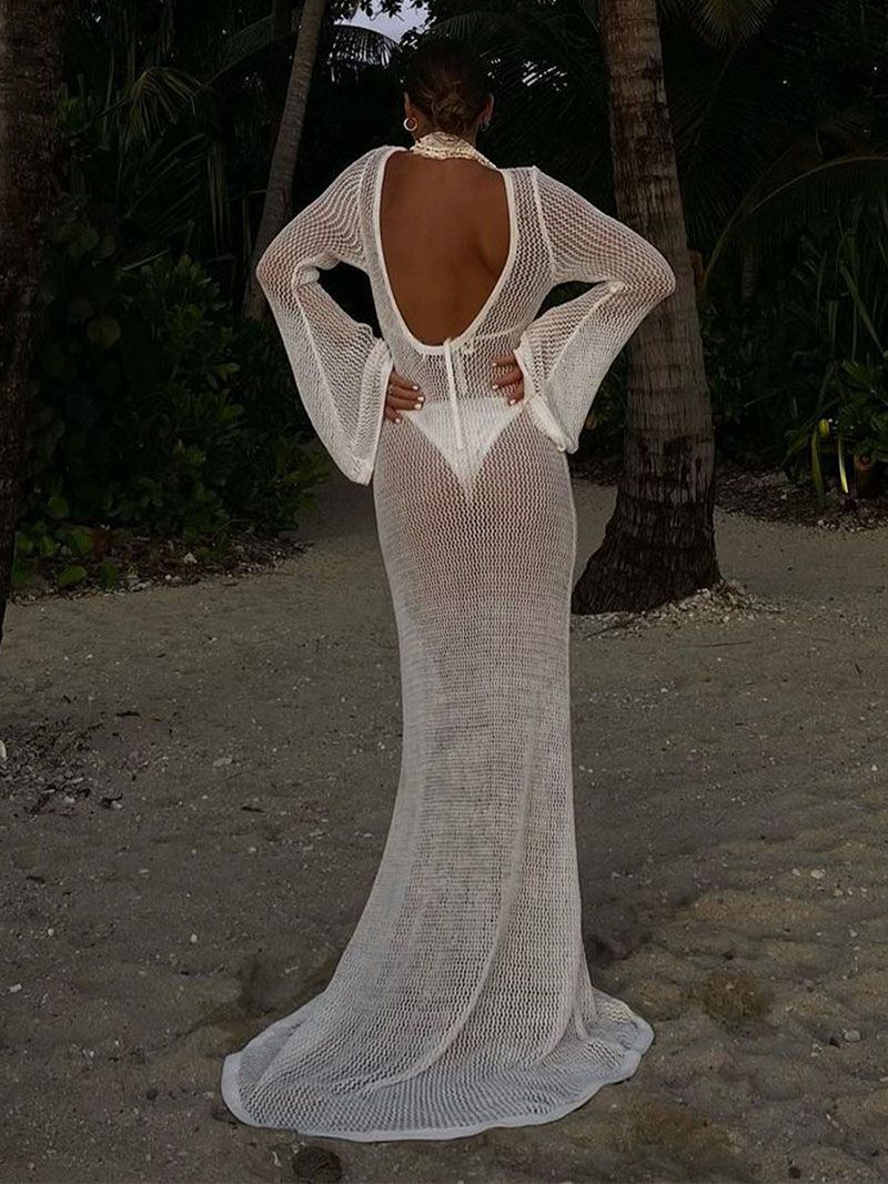 Sheer Crochet Knitted Long Swimsuit Cover Ups Maxi Beach Dress