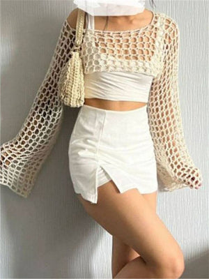See Through Fish Net Crop Top Crochet Knit Cropped Blouse