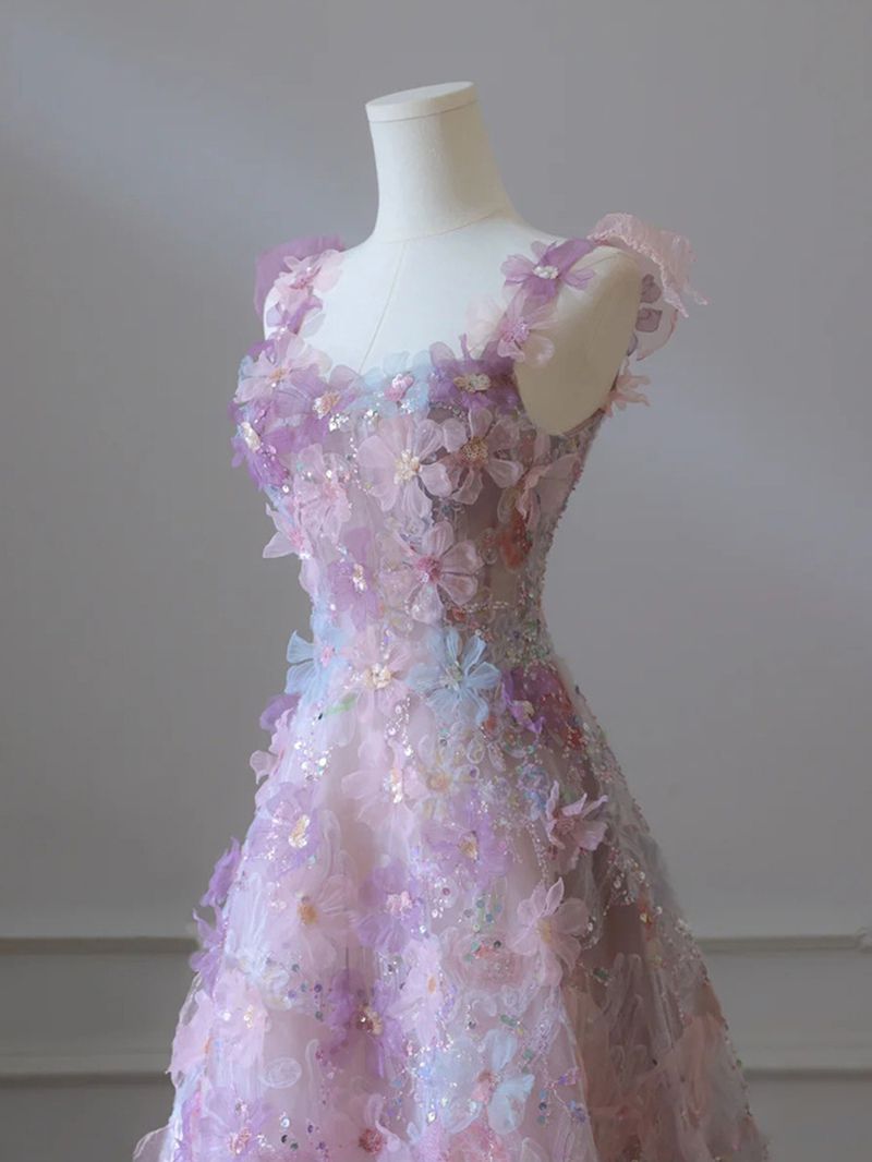 Aesthetic Pink Embroidery Full Length Sleeveless Princess Mesh Dress