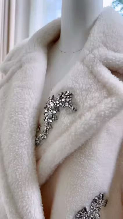 Sparkling Crystals Embroidered Seahorse Long Winter Fur Maxi Teddy Bear Coat