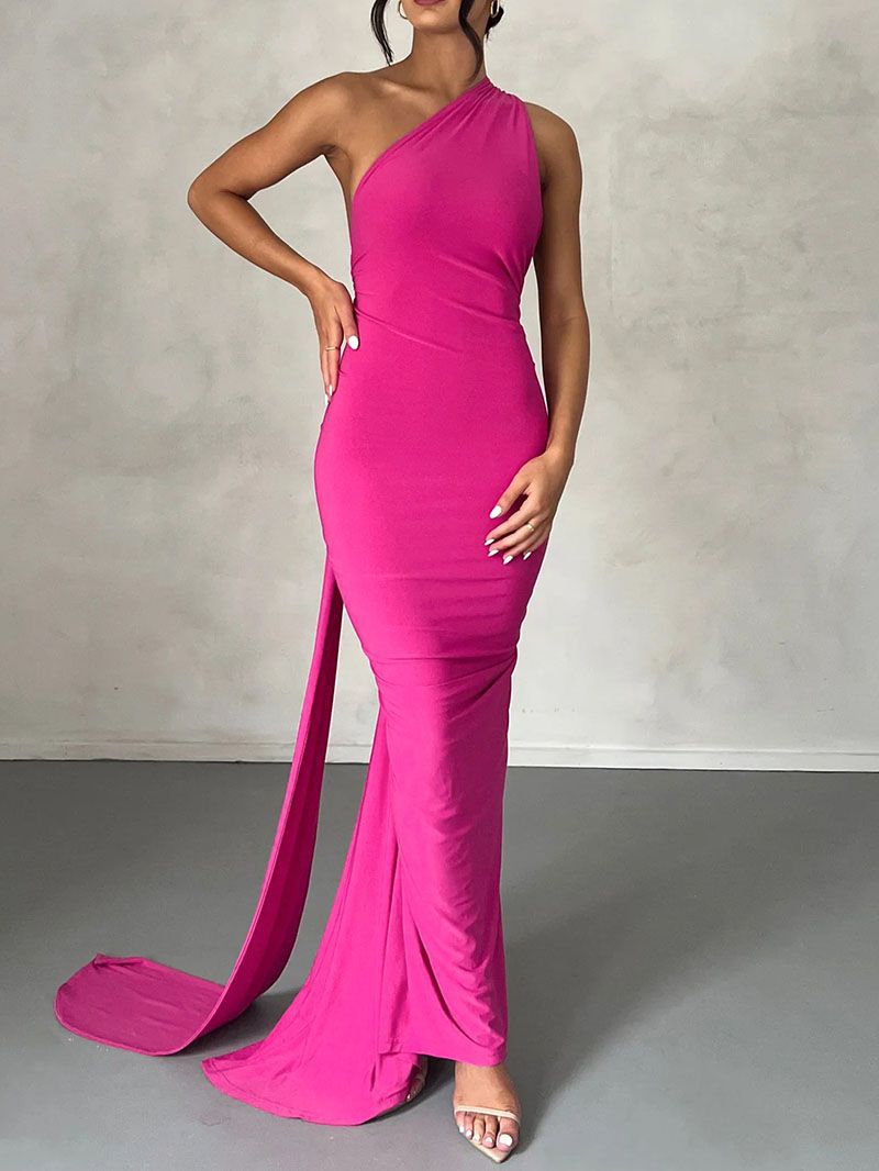 Formal One Shoulder Shirred Backless Maxi Dress Gown