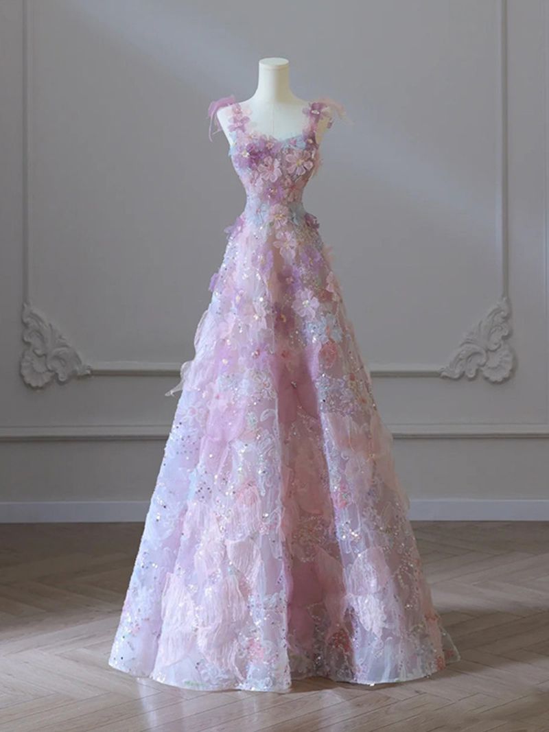 Aesthetic Pink Embroidery Full Length Sleeveless Princess Mesh Dress
