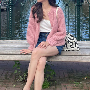 Mottled Pink Ribbed Round Neck Button Up Cardigan Sweater