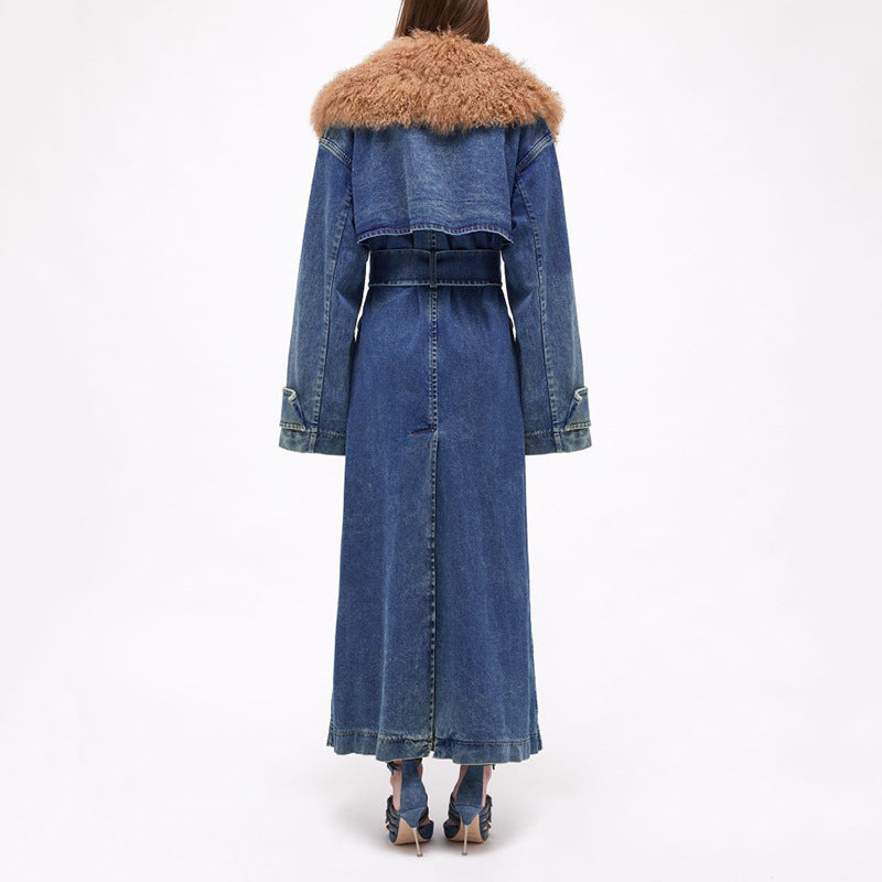 Blue Marine Faded Denim Faux Fur Trench Coat