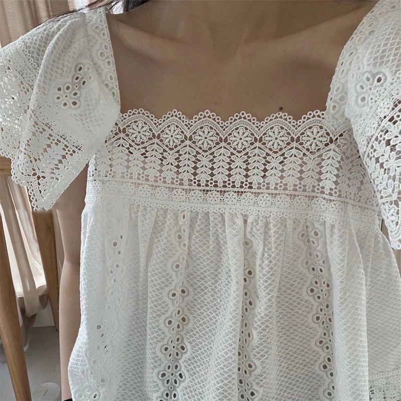 Tummy Hide Eyelet Crochet Lace Peplum Hem Blouse Tops