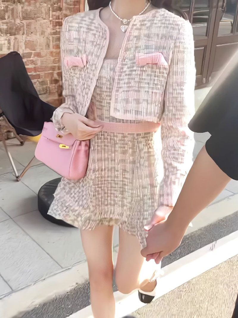 Two Piece Pastel Pink Hued Boucle Tweed Bolero Jacket And Skirt Set