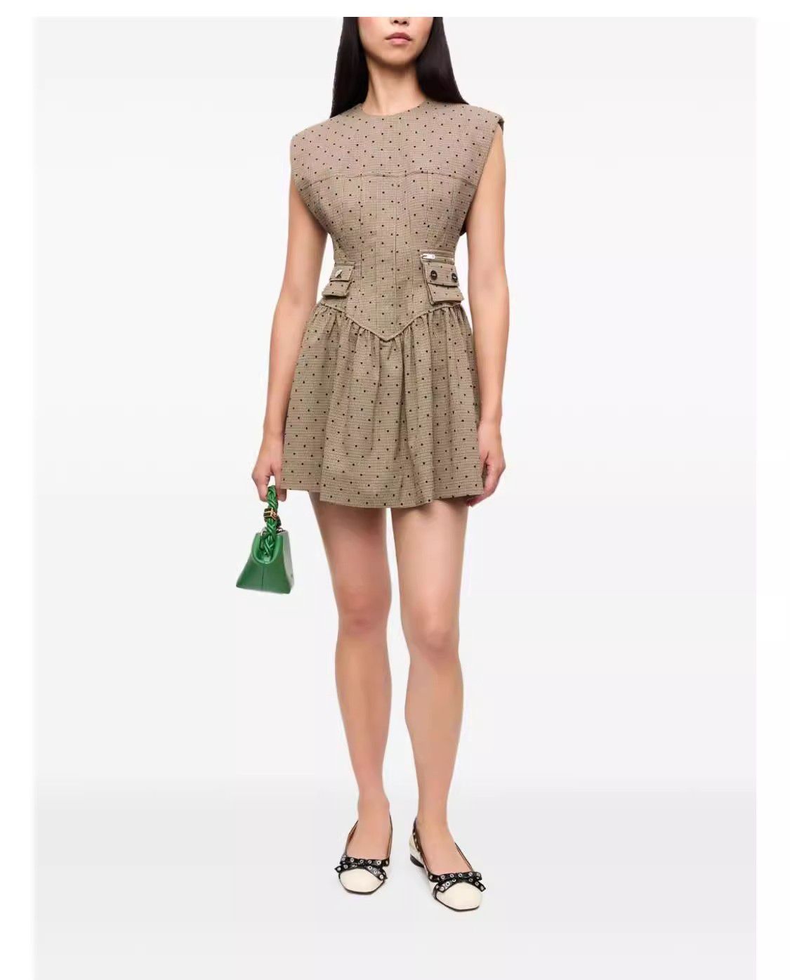 Polka Brown Flock Check Suiting Corset Mini Dress