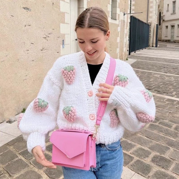 Cute Kawaii Chunky Cable Strawberry Cardigan Sweater
