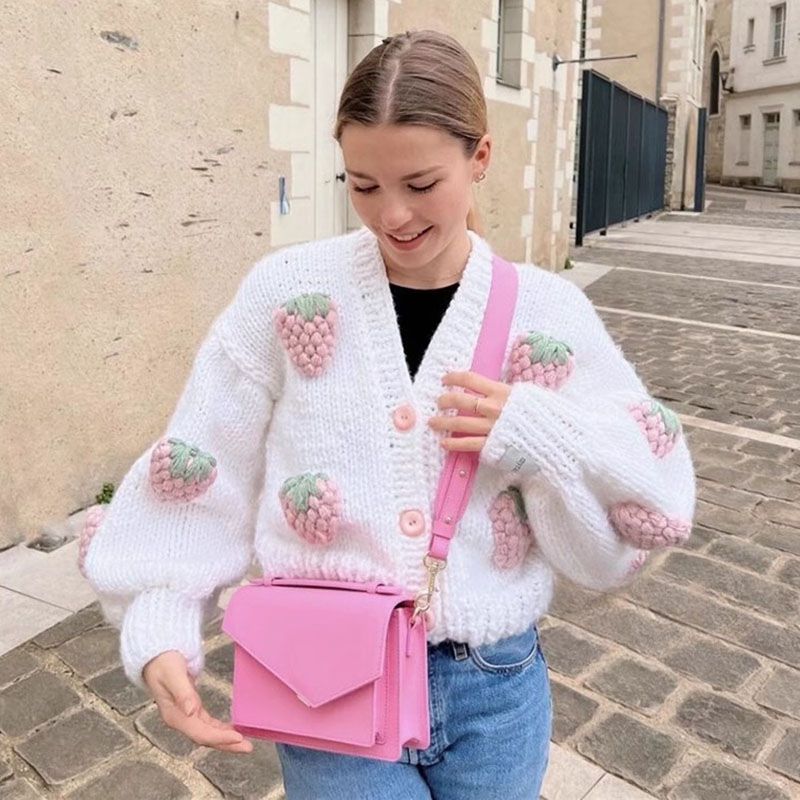 Cute Kawaii Chunky Cable Strawberry Cardigan Sweater
