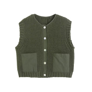Combination Button Closure Knit Vest Sleeveless Jumper With Pockets