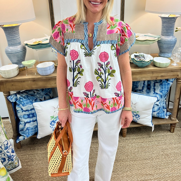 Colorful Block Print Mixed Floral Summer Top