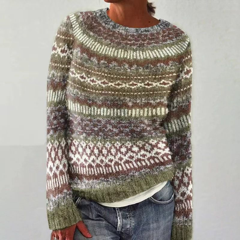 Retro Rainbow Contrast Jacquard Knit Round Neck Sweater
