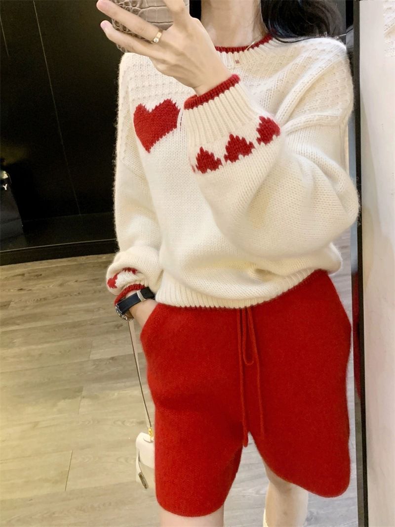 Waffle Textured Hearts Love Knit Sweater