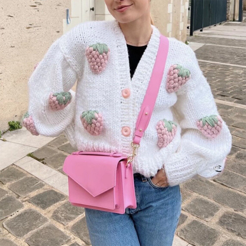 Cute Kawaii Chunky Cable Strawberry Cardigan Sweater
