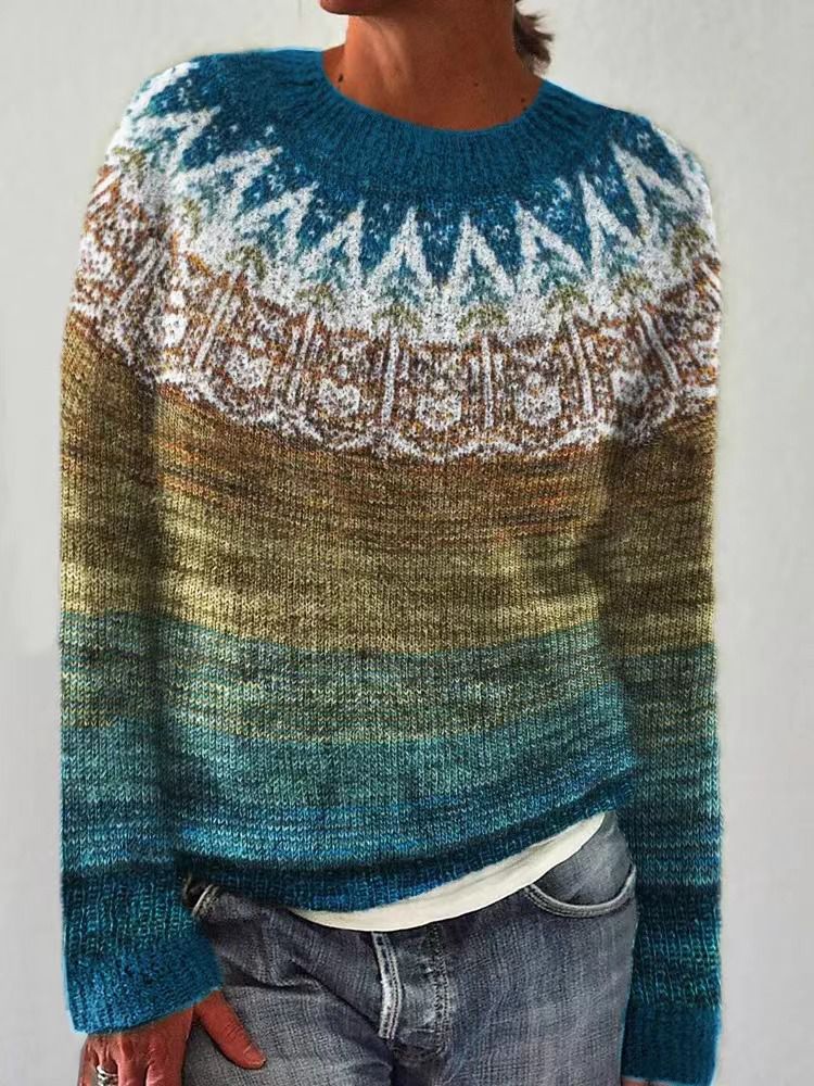 Retro Rainbow Contrast Jacquard Knit Round Neck Sweater