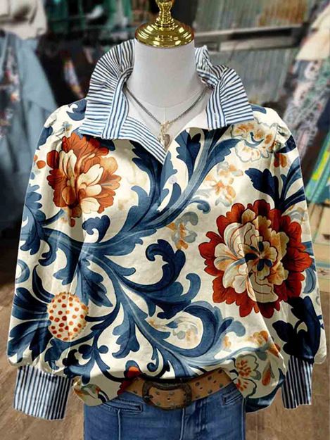 Vintage Floral Print Striped Collar Long Sleeve Blouse