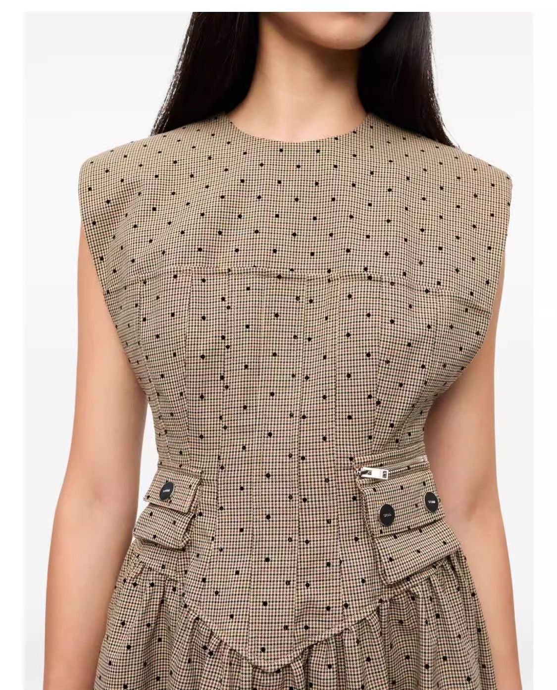 Polka Brown Flock Check Suiting Corset Mini Dress