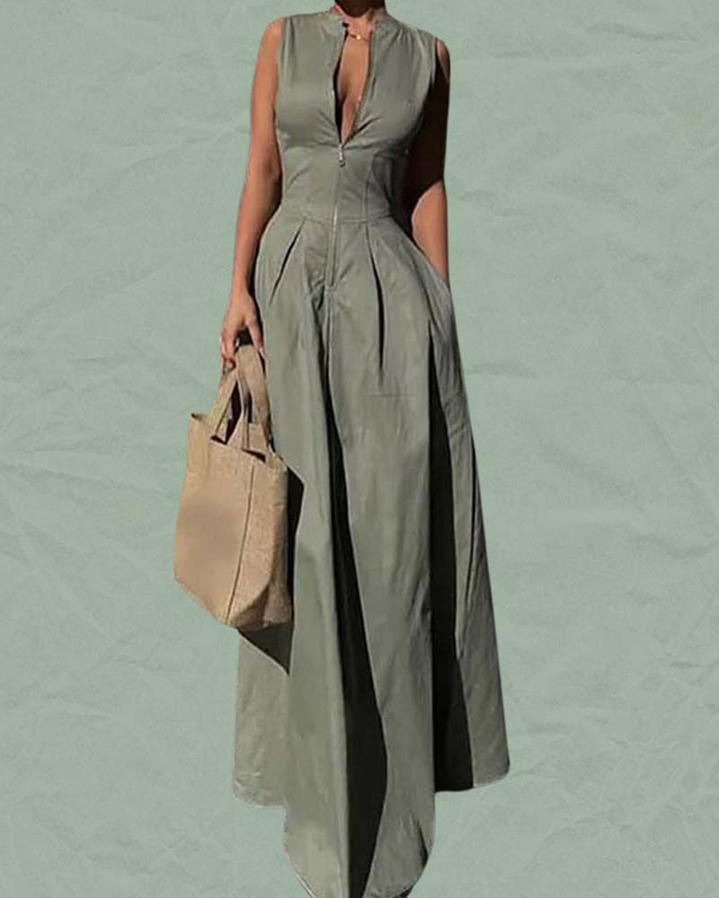 Modest Slimming Sleeveless Long dress With Zip At Front