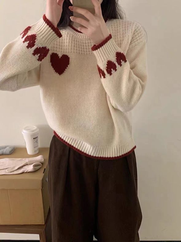 Waffle Textured Hearts Love Knit Sweater