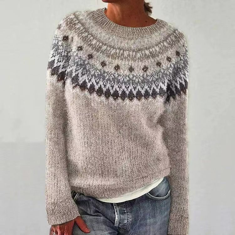 Retro Rainbow Contrast Jacquard Knit Round Neck Sweater