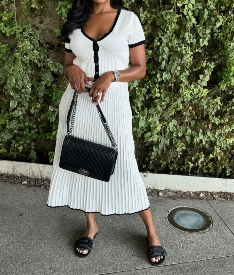 Pleated Contrast Trim Rib Knit Crop Top And Midi Skirt Set