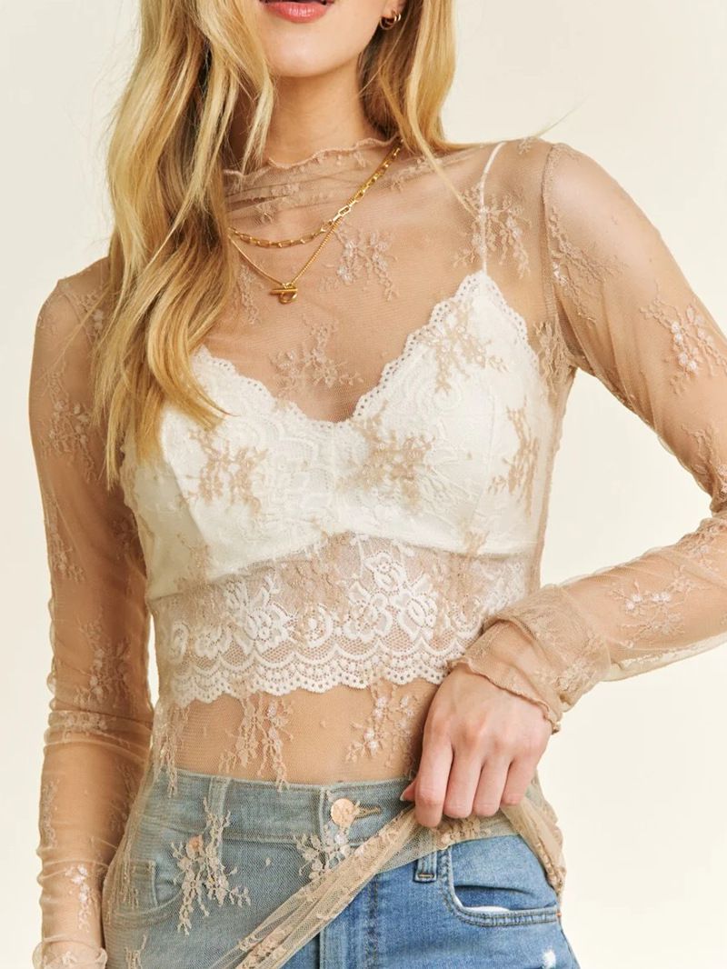 Sparkly Long Sleeve Flower Embellished Mesh Tops for women