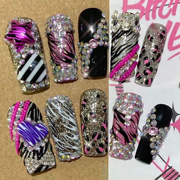 Y2K Glitter Pink Long Coffin Acrylic Nails