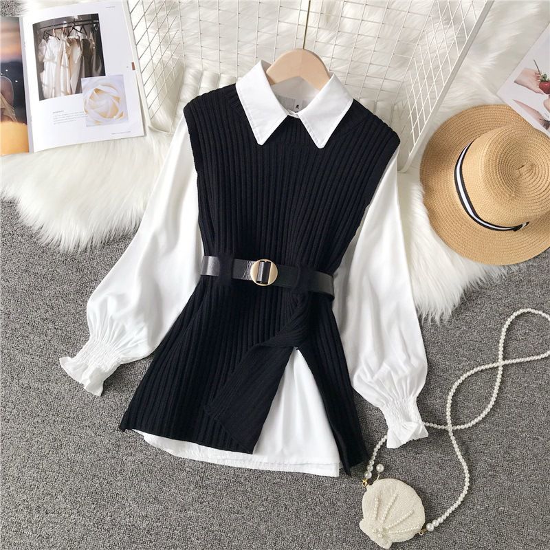 Y2K Two Piece Knitted Sleeveless Dress Over Shirt
