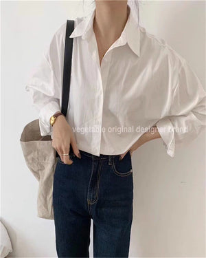 Oversized Relaxed Long Sleeve Button Front Shirt Womens