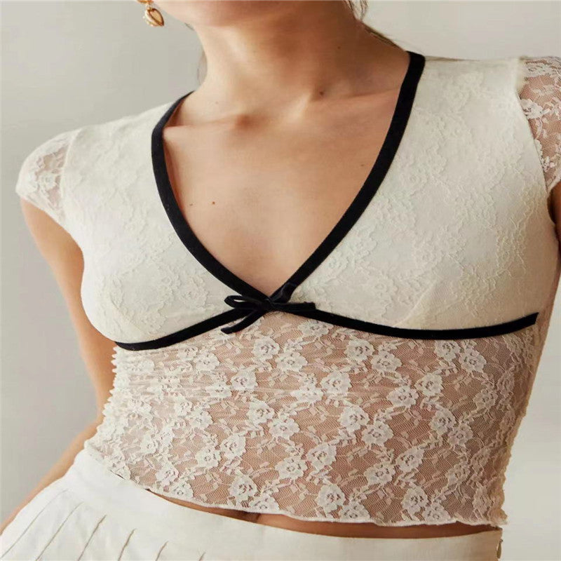 Contrast Trimmed Bow Knot Mesh Black Lace Belly Crop Top