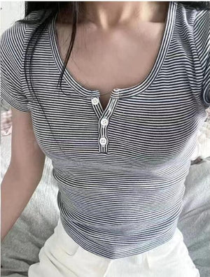 Multi Stripes Short Sleeve Stripe Top Cropped Button Shirt