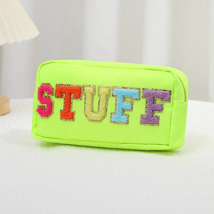 Fuzzy Letters Embroidered Faux Leather Makeup Cosmetic Bag