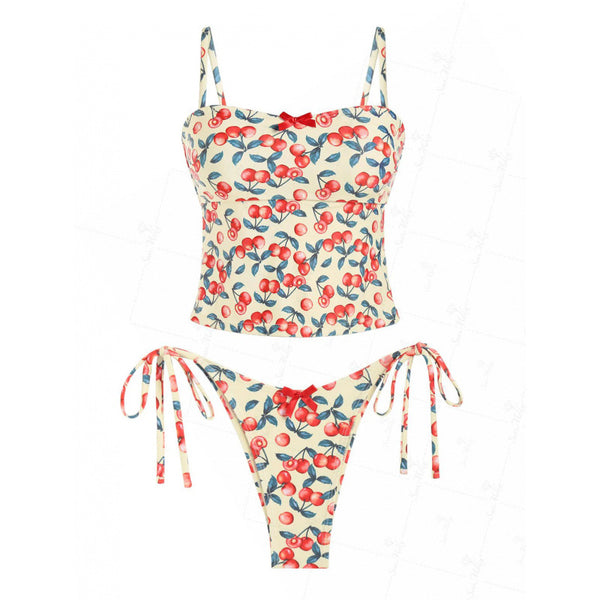 Cute Print Bow Cinched Back Tie Side Tankini Bikini Set