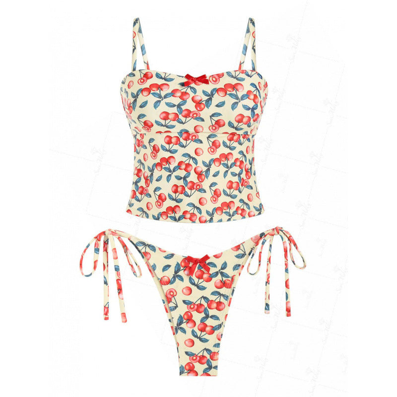 Cute Print Bow Cinched Back Tie Side Tankini Bikini Set