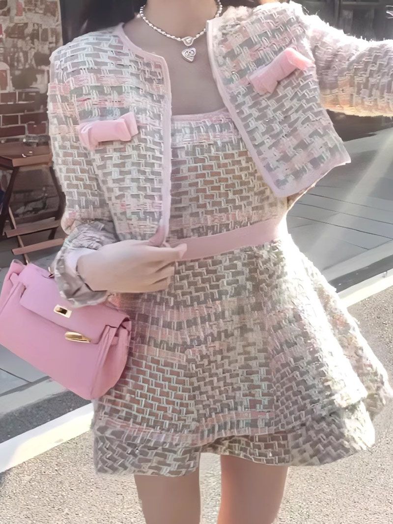 Two Piece Pastel Pink Hued Boucle Tweed Bolero Jacket And Skirt Set