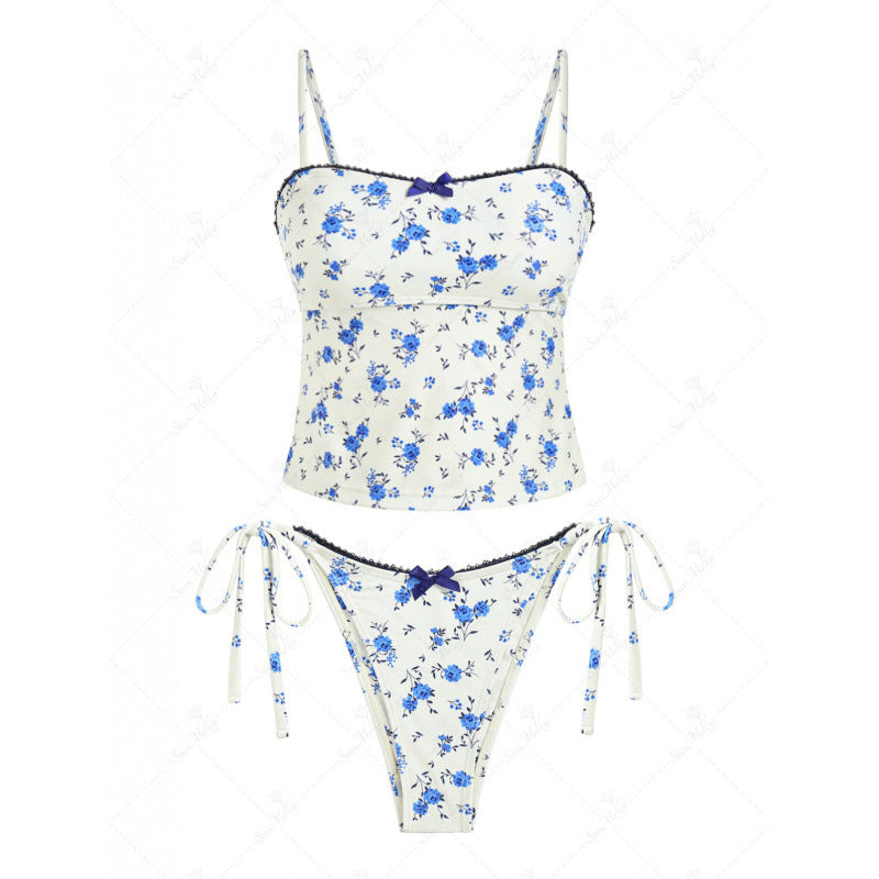 Cute Print Bow Cinched Back Tie Side Tankini Bikini Set