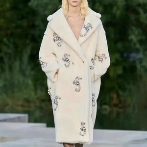 Sparkling Crystals Embroidered Seahorse Long Winter Fur Maxi Teddy