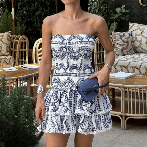 Eyelet Broderie Anglaise Shirred Bandeau Layered Ruffle Short Dress