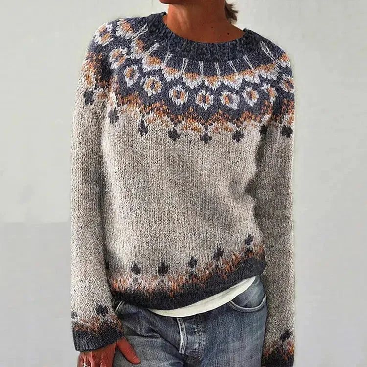 Retro Rainbow Contrast Jacquard Knit Round Neck Sweater