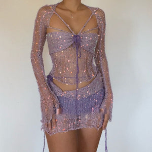 Shiny Sequin Beaded Strappy Tie Hollow Mesh Knitted Three Piece Skirt Set