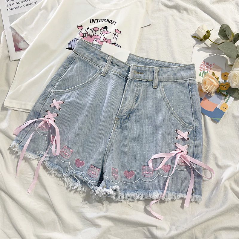 Cute Y2K Cat Embroidered Criss Bow Ripped Denim Shorts