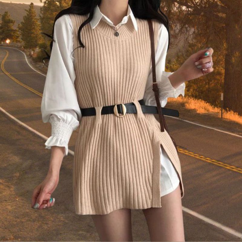 Y2K Two Piece Knitted Sleeveless Dress Over Shirt