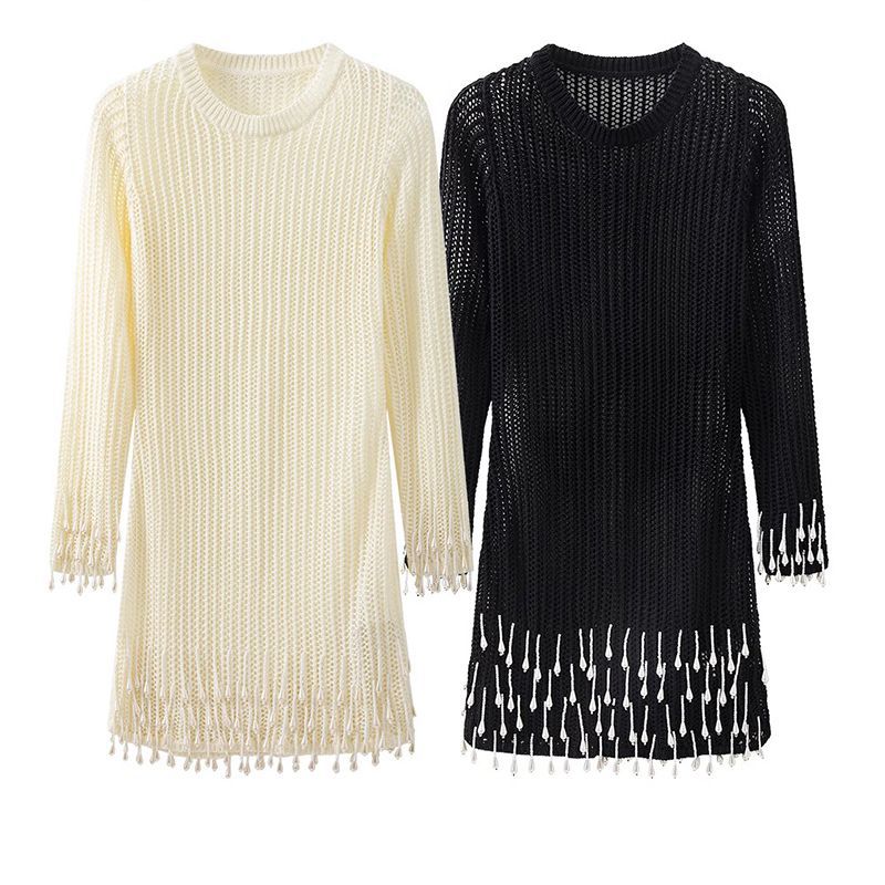Luxury Semi Mesh KNIT DRESS WITH FRINGING AND FAUX PEARL BEADS – sunifty
