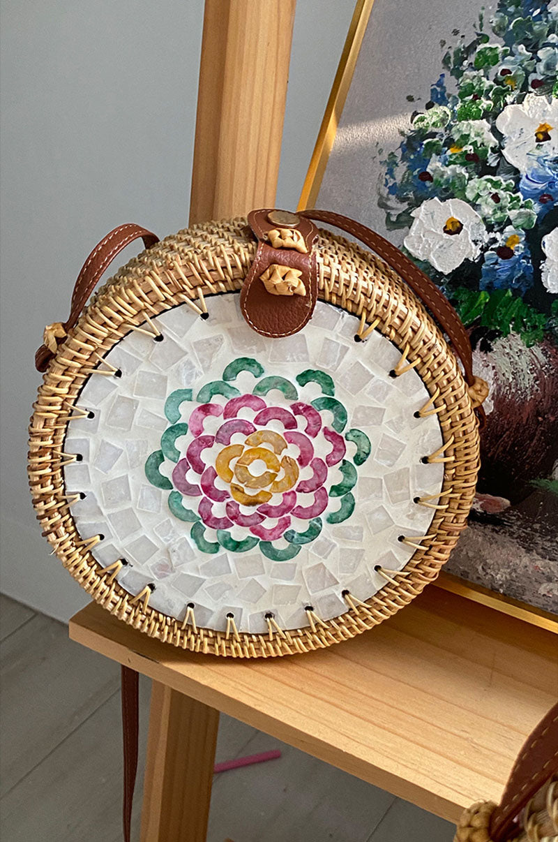 Bohemian Seashell Floral Round Rattan Purse Bali Clutch Shoulder Bag